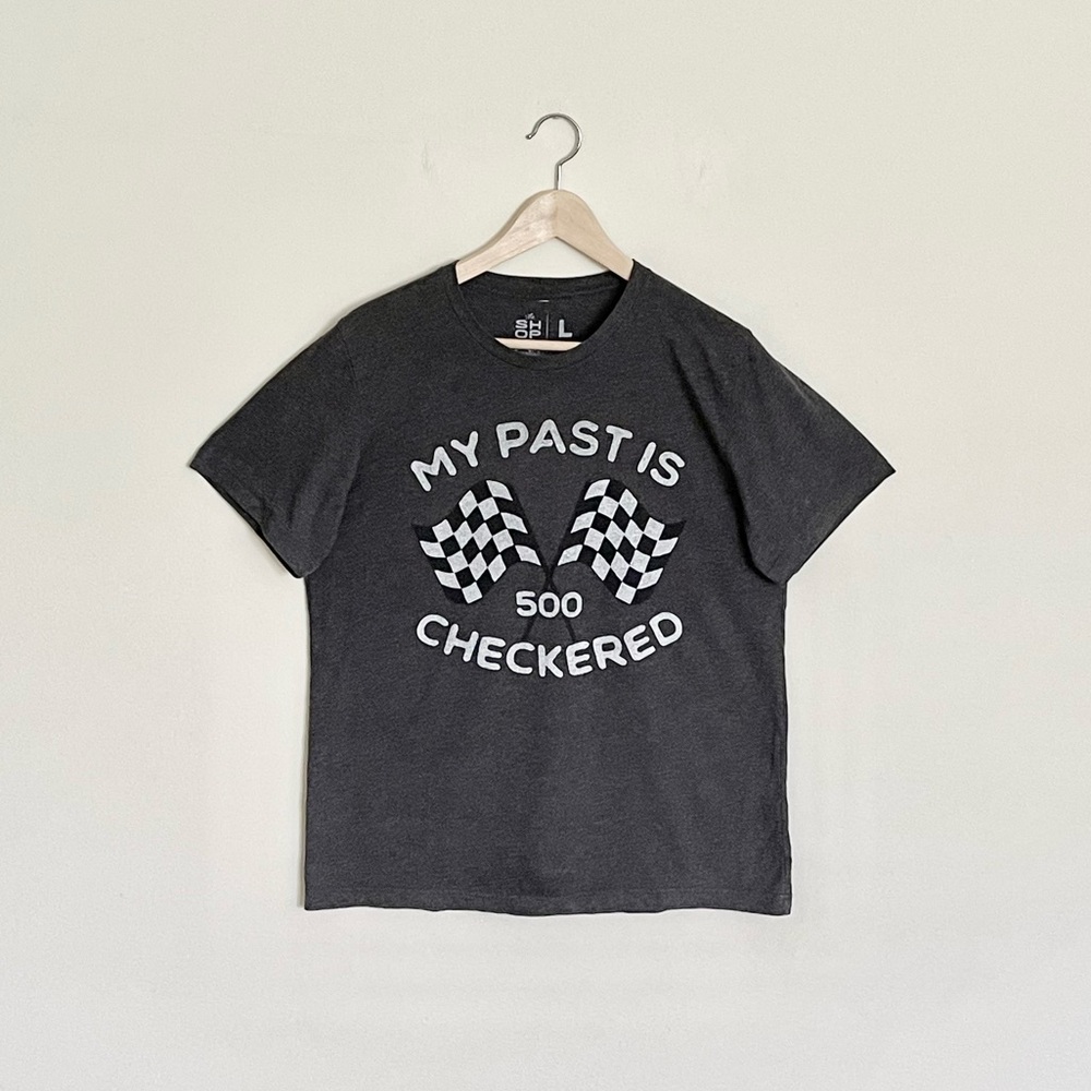 Indy 500 My Past Is Checkered Flag Graphic Charcoal Gray T Shirt Adult Large